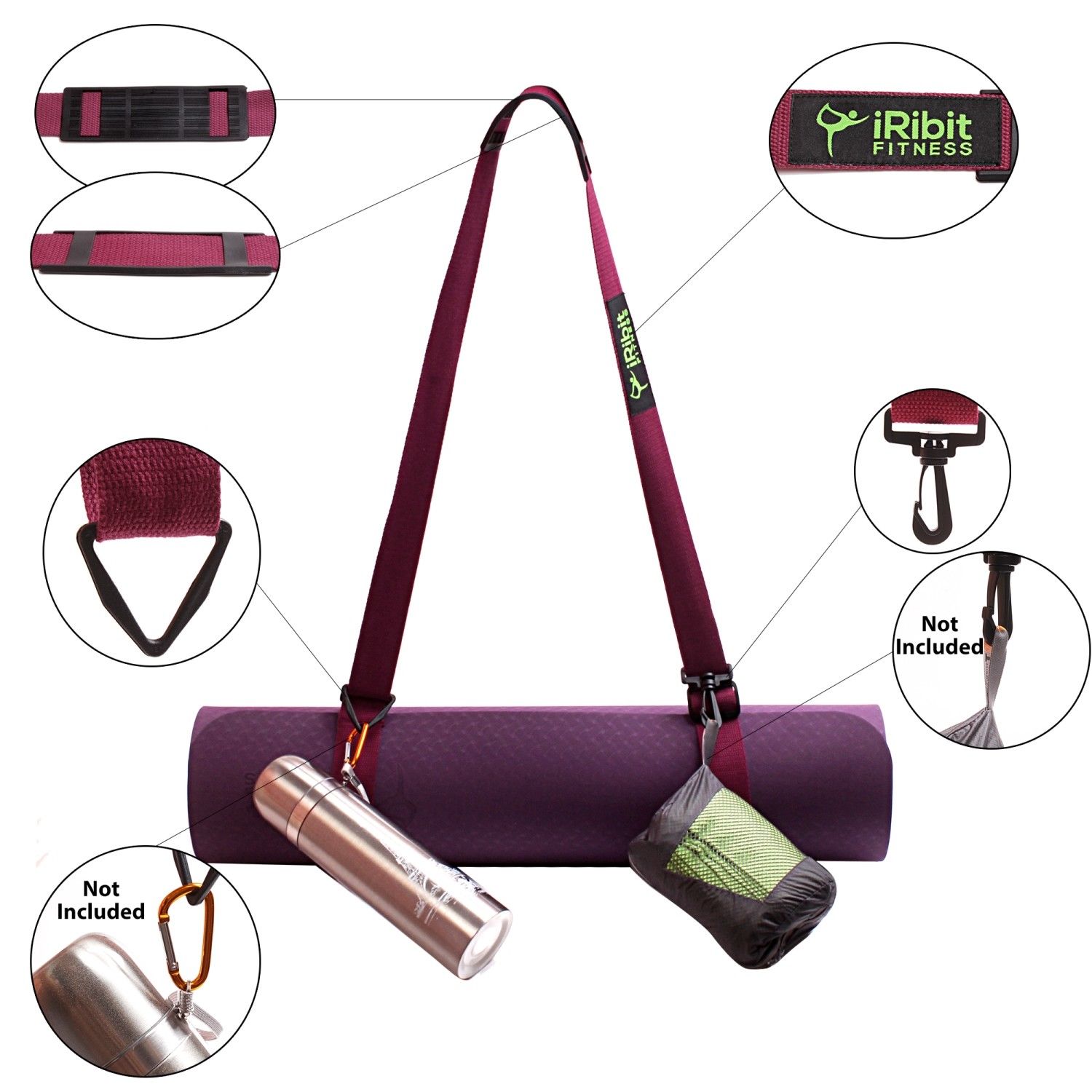 Premium Yoga Mat Carry Strap Sling 6.5ft, carrying towels, keys, water -  iRibit Fitness